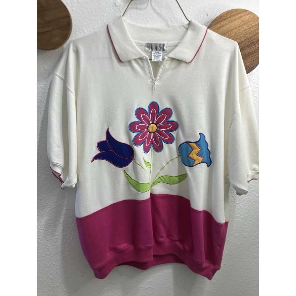 Vintage 80s Blast Nerd Girl Abstract Floral SS Sweatshirt Grannycore Retro Color